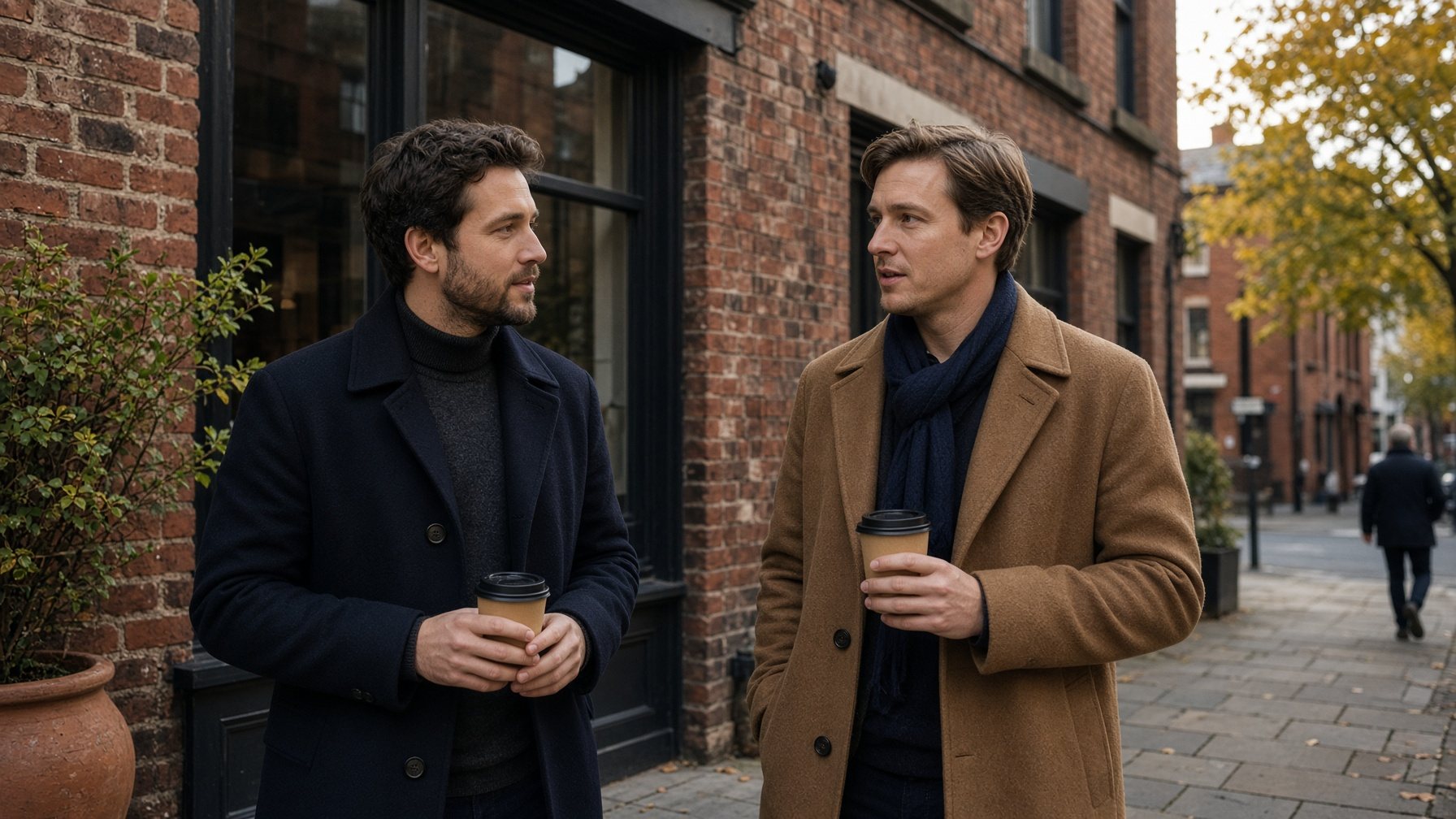 Two men in overcoats talking outside a Manchester brick cafe
