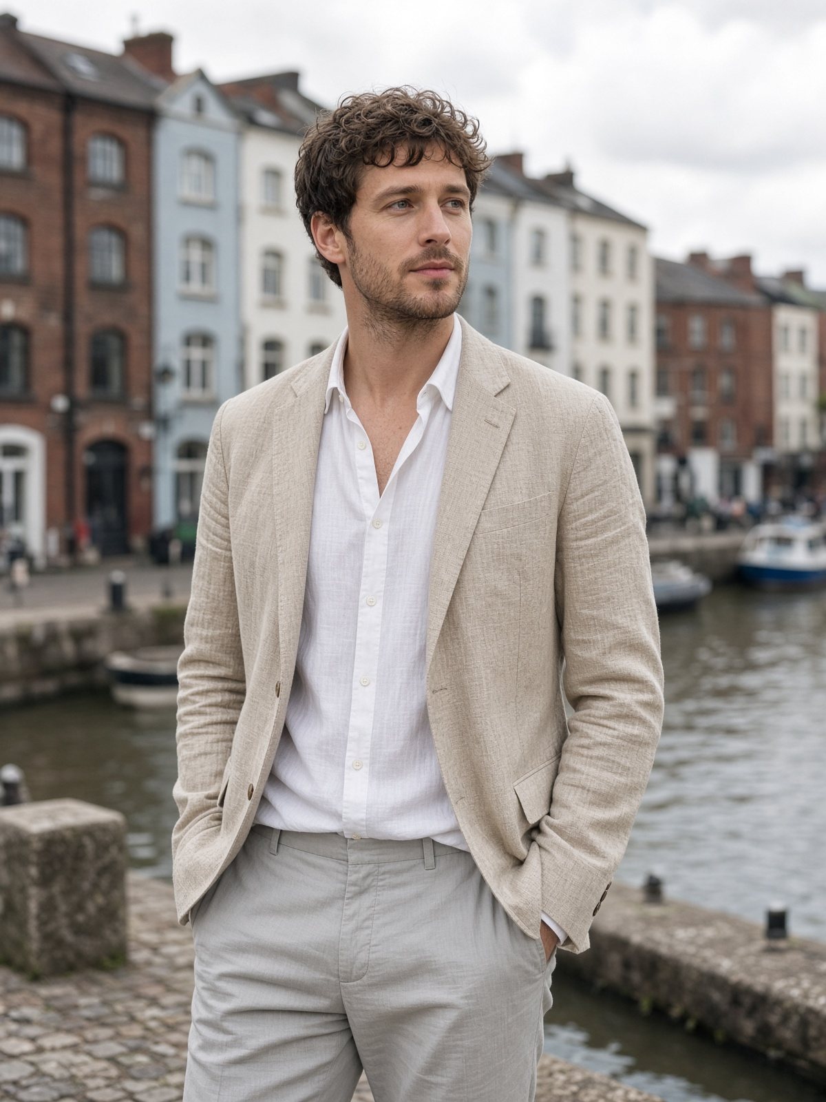Unstructured sand linen blazer on Bristol harbourside