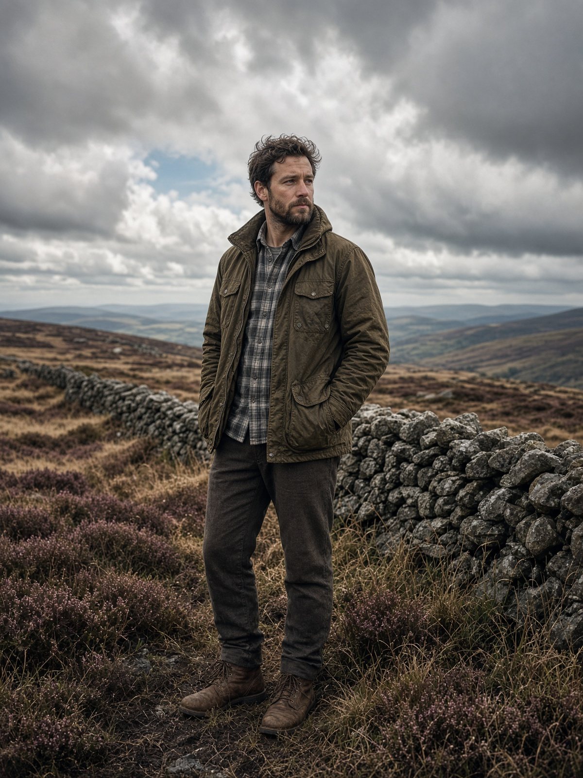 Waxed cotton jacket and boots on a Peak District moor
