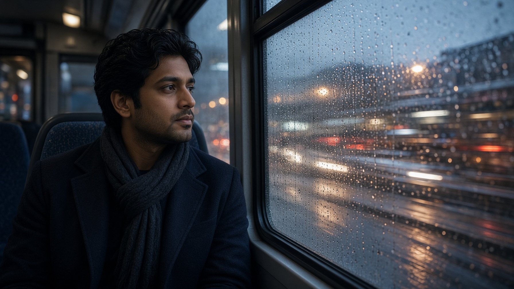 Navy overcoat on a Manchester tram at dusk