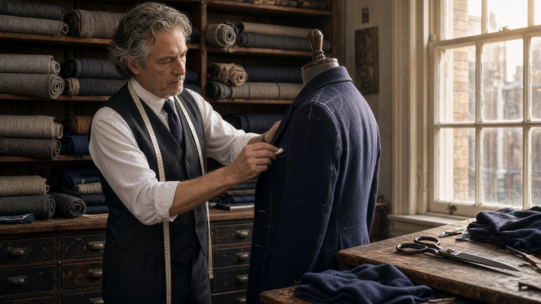 Tailor chalking a navy jacket in a London atelier
