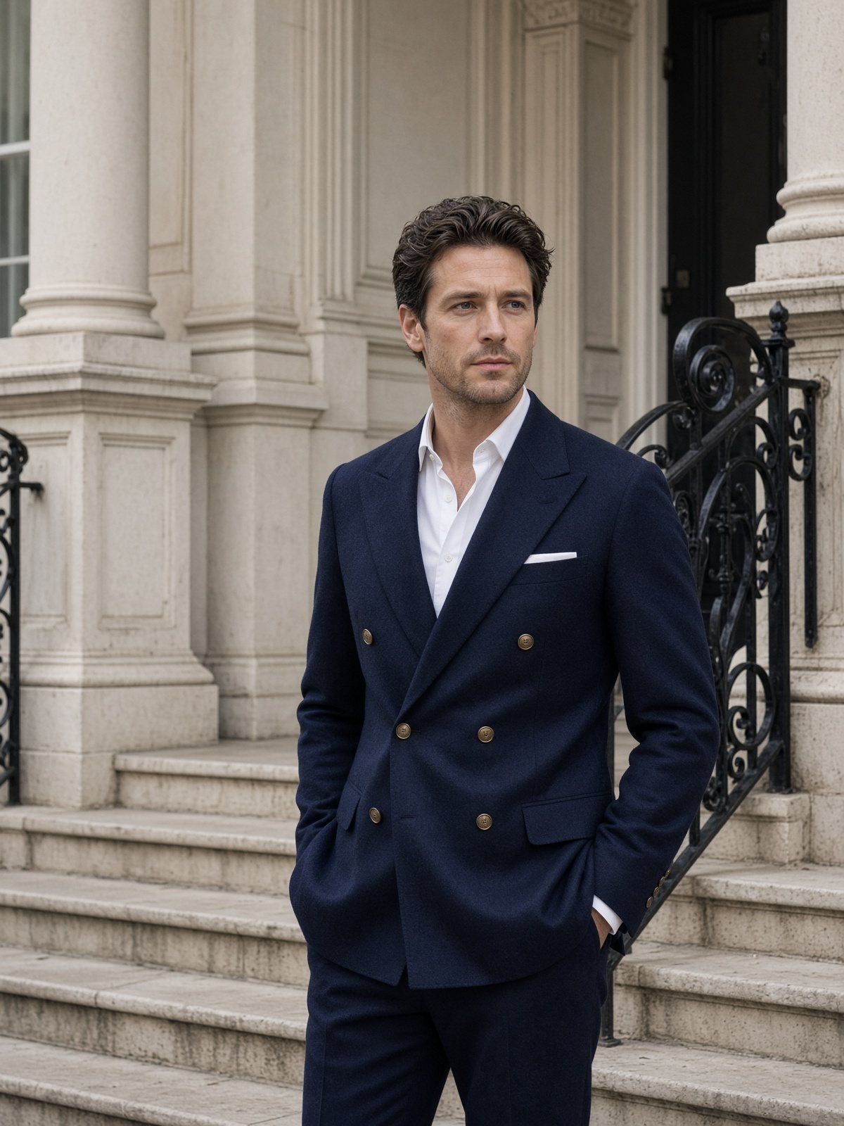 Navy double-breasted wool suit, open white shirt, Mayfair steps