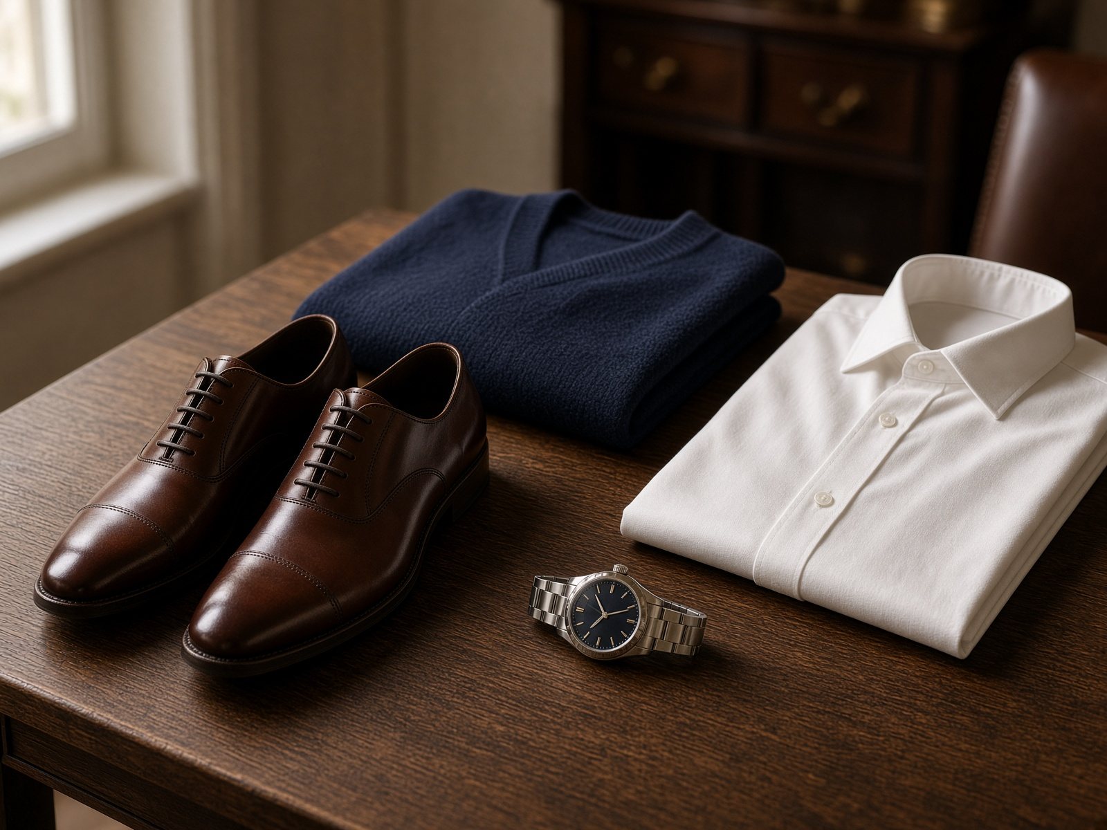 White oxford shirt with a navy knit and brown oxfords