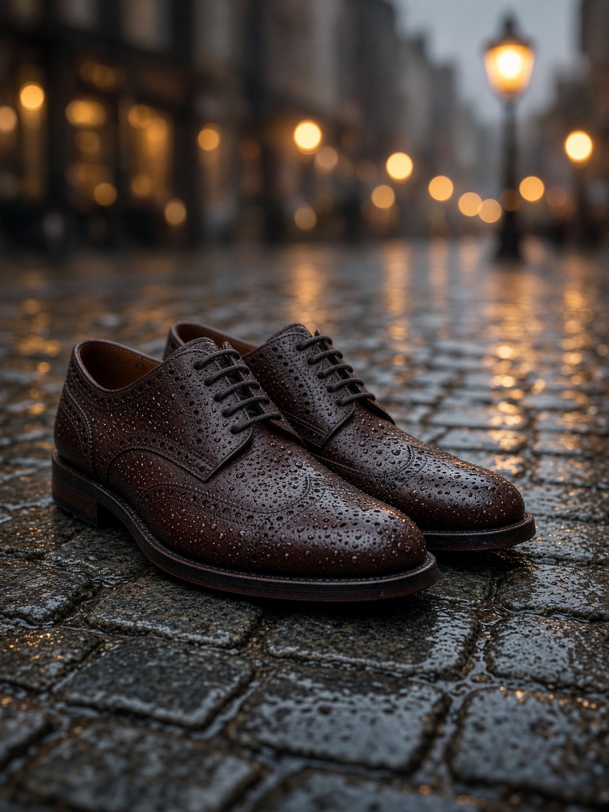 Polished brogues on wet cobblestones at night