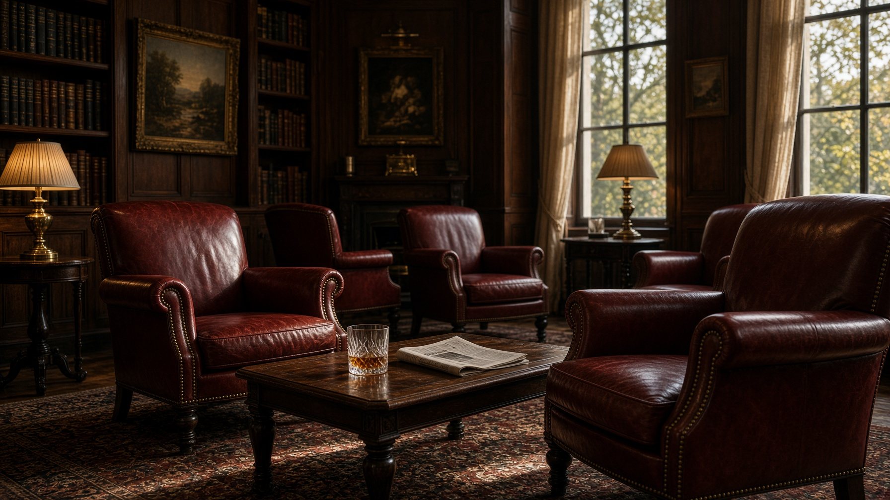 Leather armchairs and brass lamps in a paneled club lounge