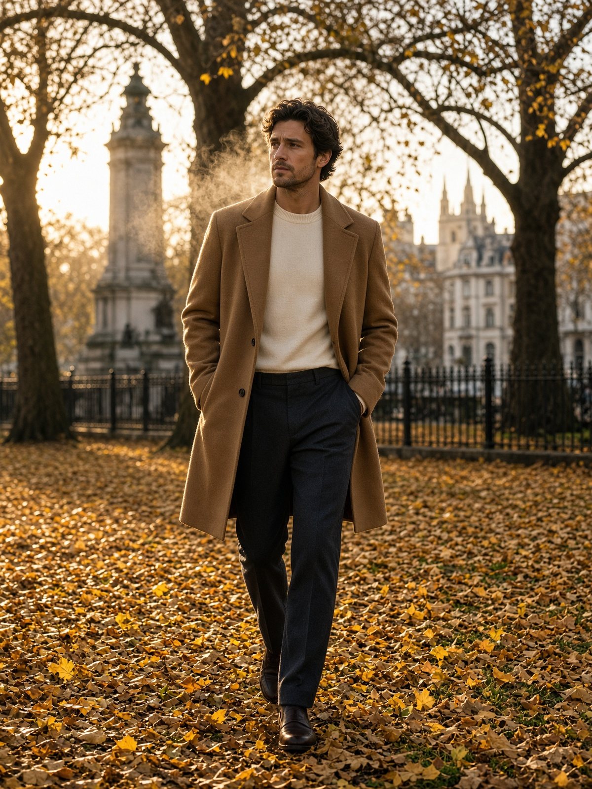 Camel overcoat in autumn rain-adjacent park light