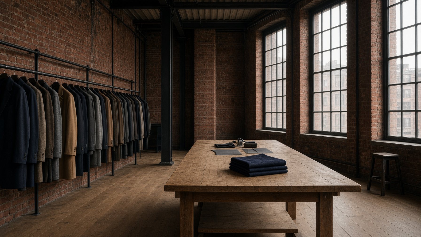 dentxora studio: brick warehouse, coat rail, oak cutting table