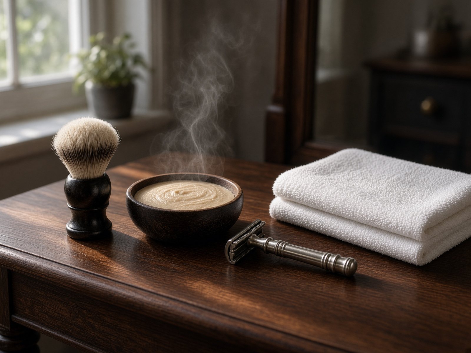 Shaving brush, soap bowl, safety razor and towel on walnut