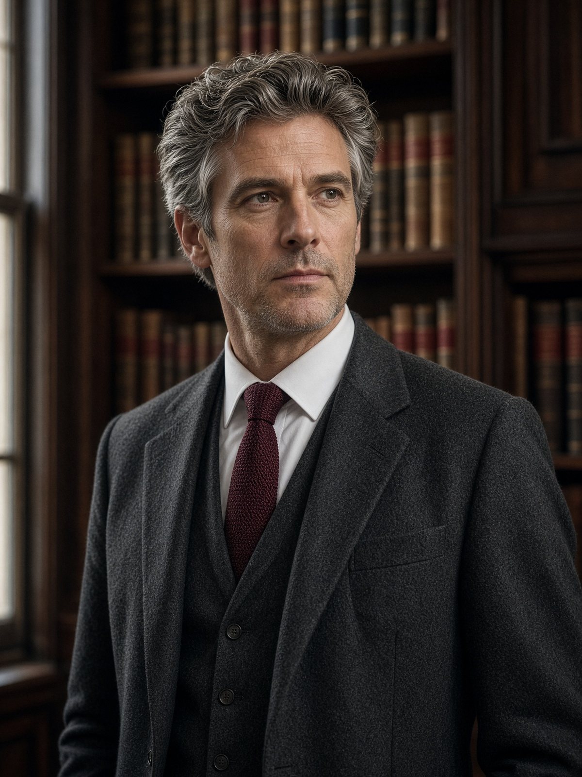 Charcoal three-piece flannel suit in a library