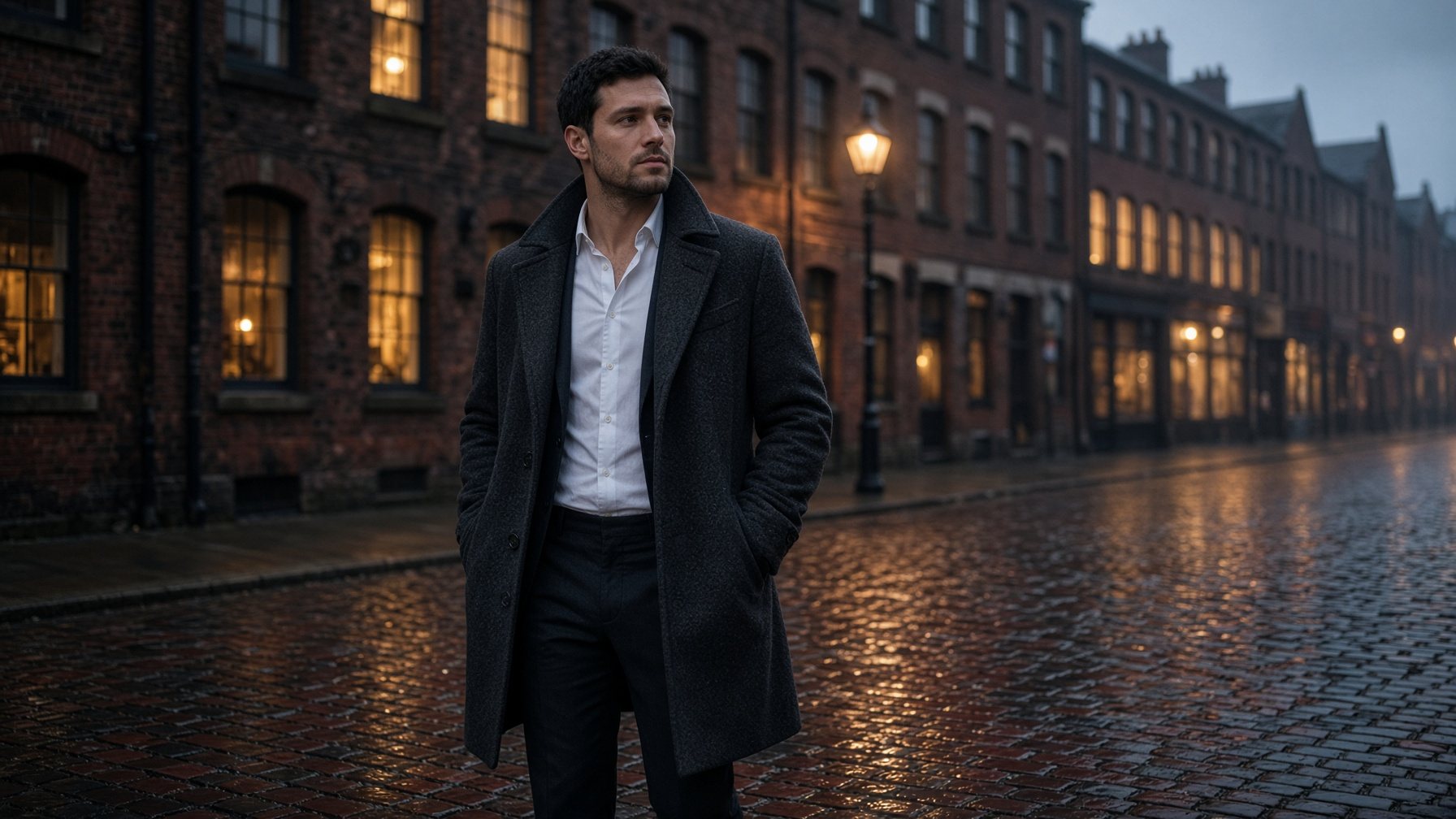 Charcoal overcoat on a Manchester street