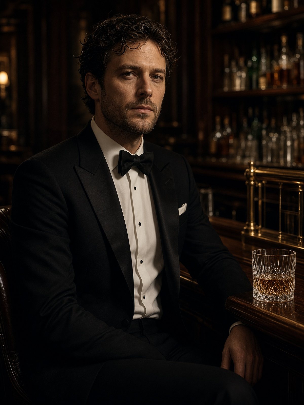 Dinner jacket and bow tie in a dark hotel bar