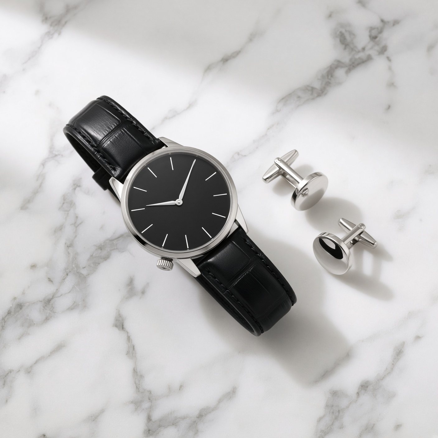 Steel dress watch and silver cufflinks on marble